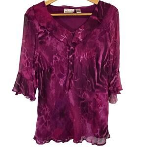 Vtg NYC Design Co Silk Ruffle Bias Cut Top Pink Magenta 2X Romantic Y2K Feminine